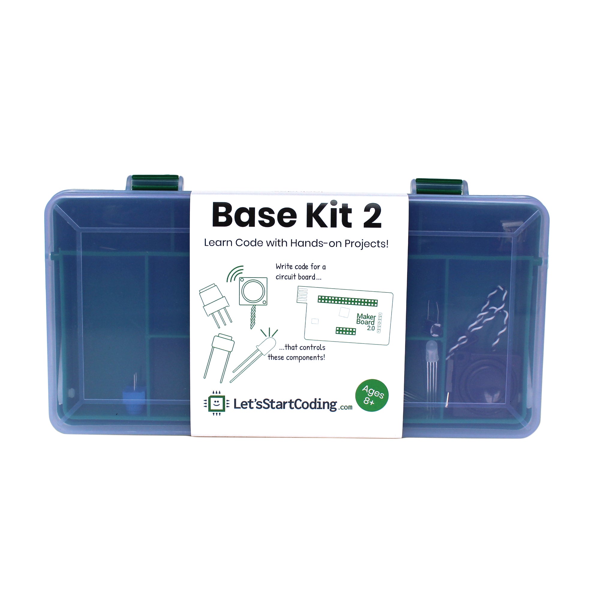 Let’s Start Coding Base Kit case closed with components inside. The hinged case is green with a clear lid. There is a label in the middle that reads “Base Kit 2. Learn Code with Hands-on Projects. Write code for a circuit board, that controls these components. Let’s start coding dot com. Ages 8 +.” You can see illustrations of the component outlines.