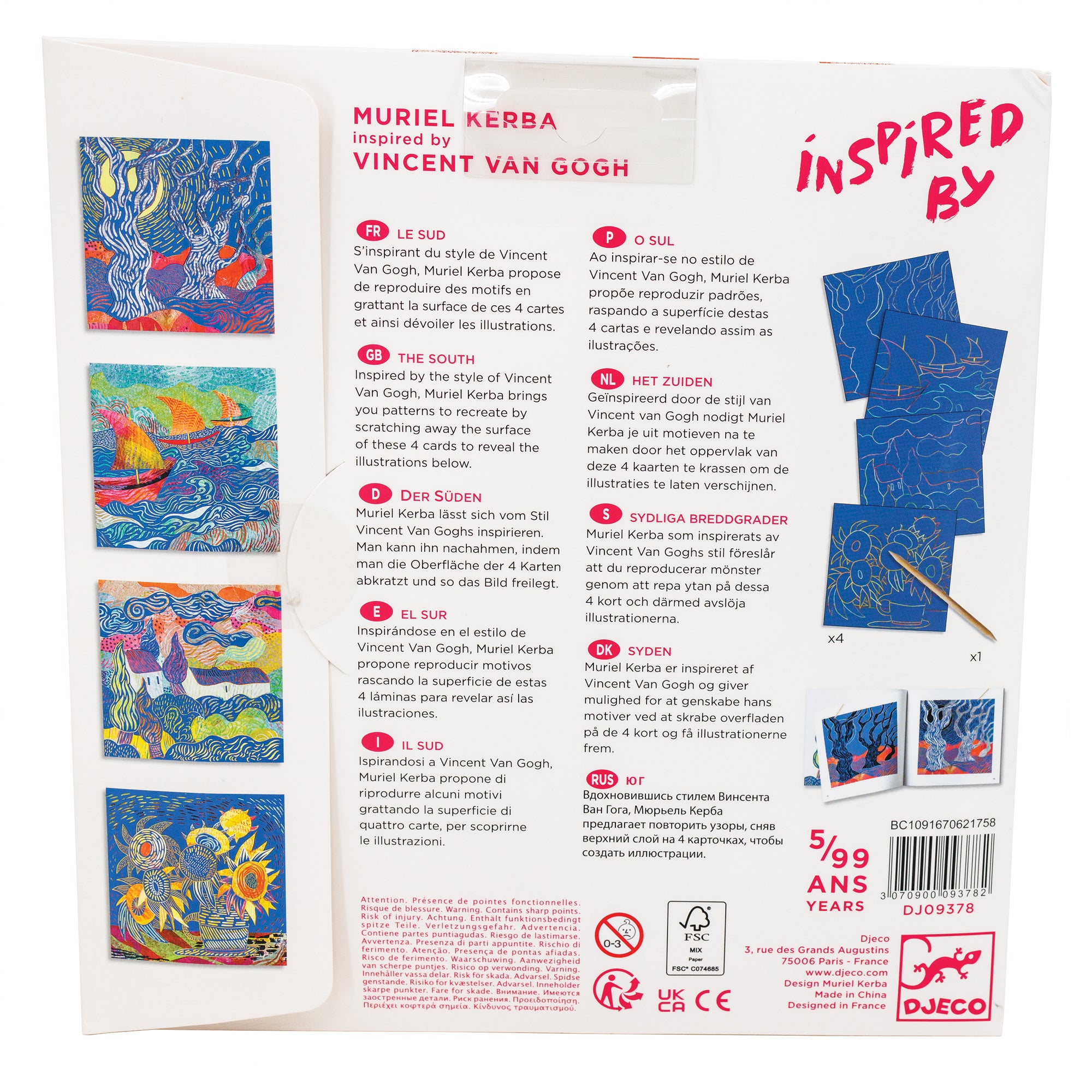 Djeco, Inspired by Vincent Van Gogh packaging back with a white background. The left side shows completed projects. From the top down are old trees with a moon, 3 boats on the water, house with trees and clouds, and sunflowers in a vase. The right side shows the starting project boards, unscratched with blue covering the pages and shapes outlined.