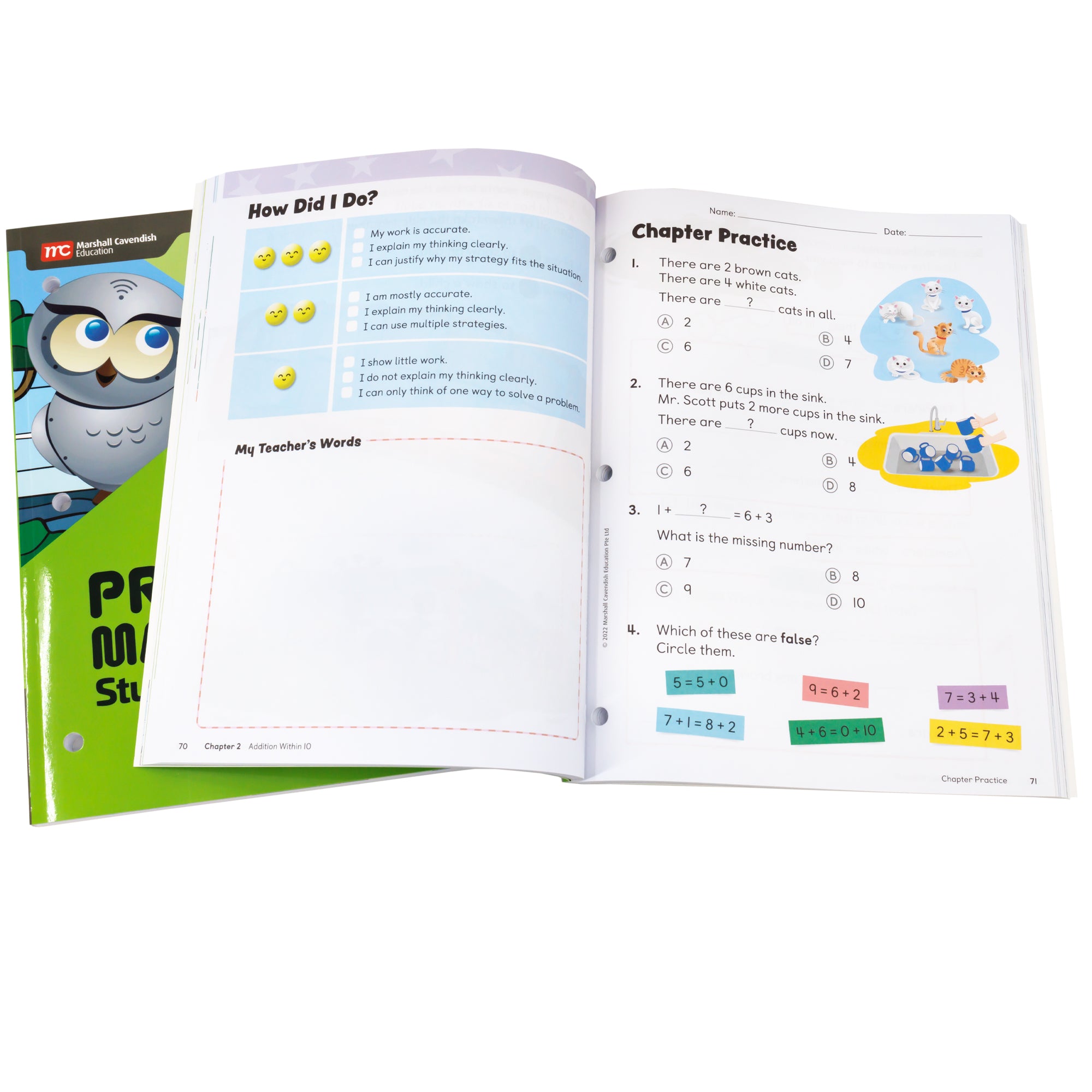 Singapore Primary Math first grade books. On top is an open book showing math problems with cartoon animals. Under the open book and to the left is a closed book with an owl and green background.