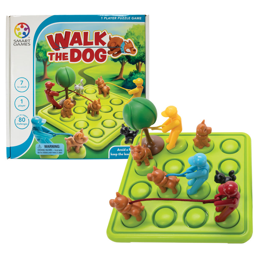 Walk the Dog Smart Game. To the left is the box, showing the game in play on the cover. In the lower-right, in front of the box, is the actual game board with pieces on top. The square game board is bright green with a grid of 4 by 4 circles that allow pieces to be placed on top. The pieces on top are colorful men with leashes attached to a dog, a cat, and a tree piece.
