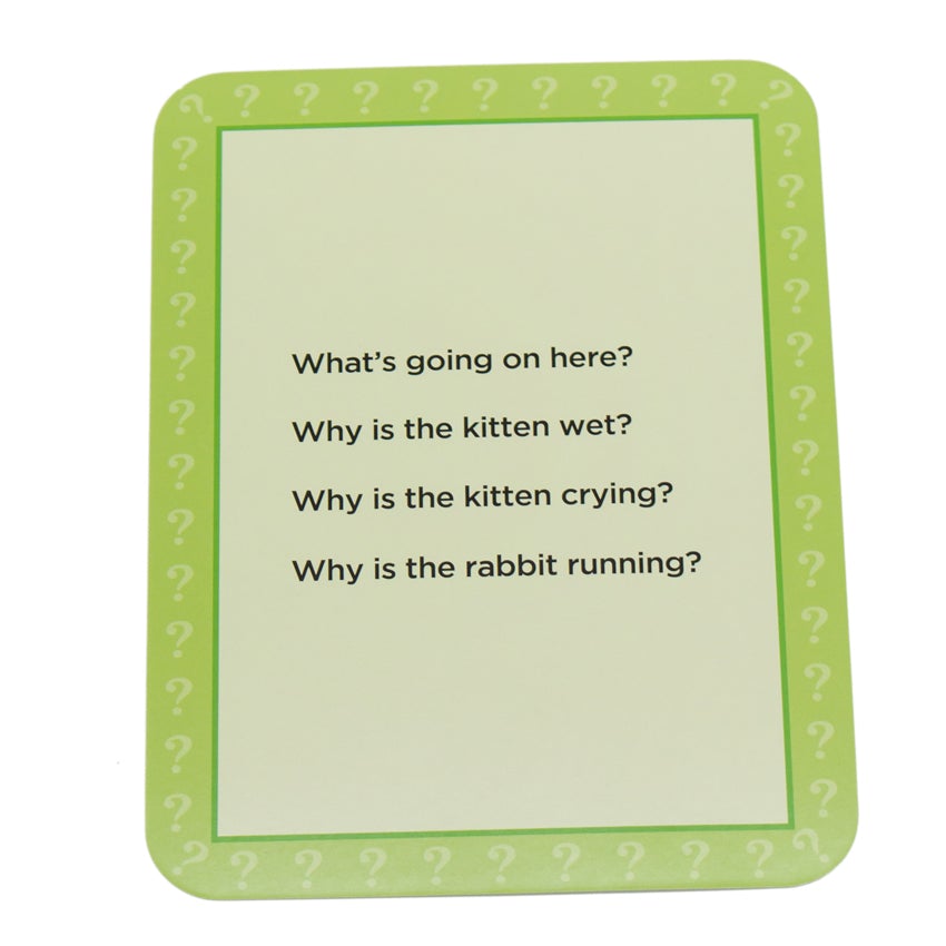 What’s Going on Here Conversation Card back with 4 questions; “what’s going on here? Why is the kitten wet? Why is the kitten crying? Why is the rabbit running?” The card is light green with a darker green border and light question marks all the way around the card.