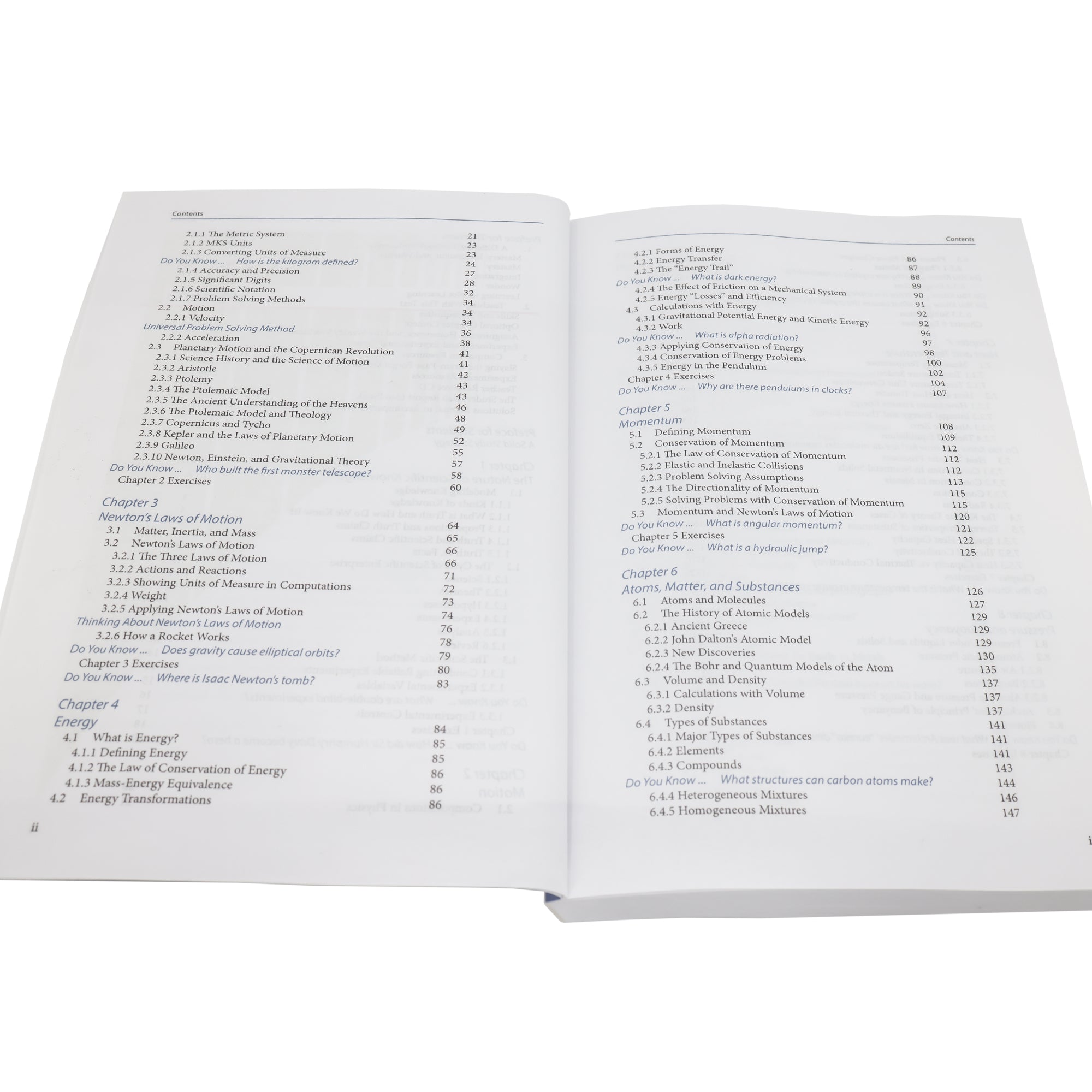 Introductory Principles in Physics open book showing the table of contents.