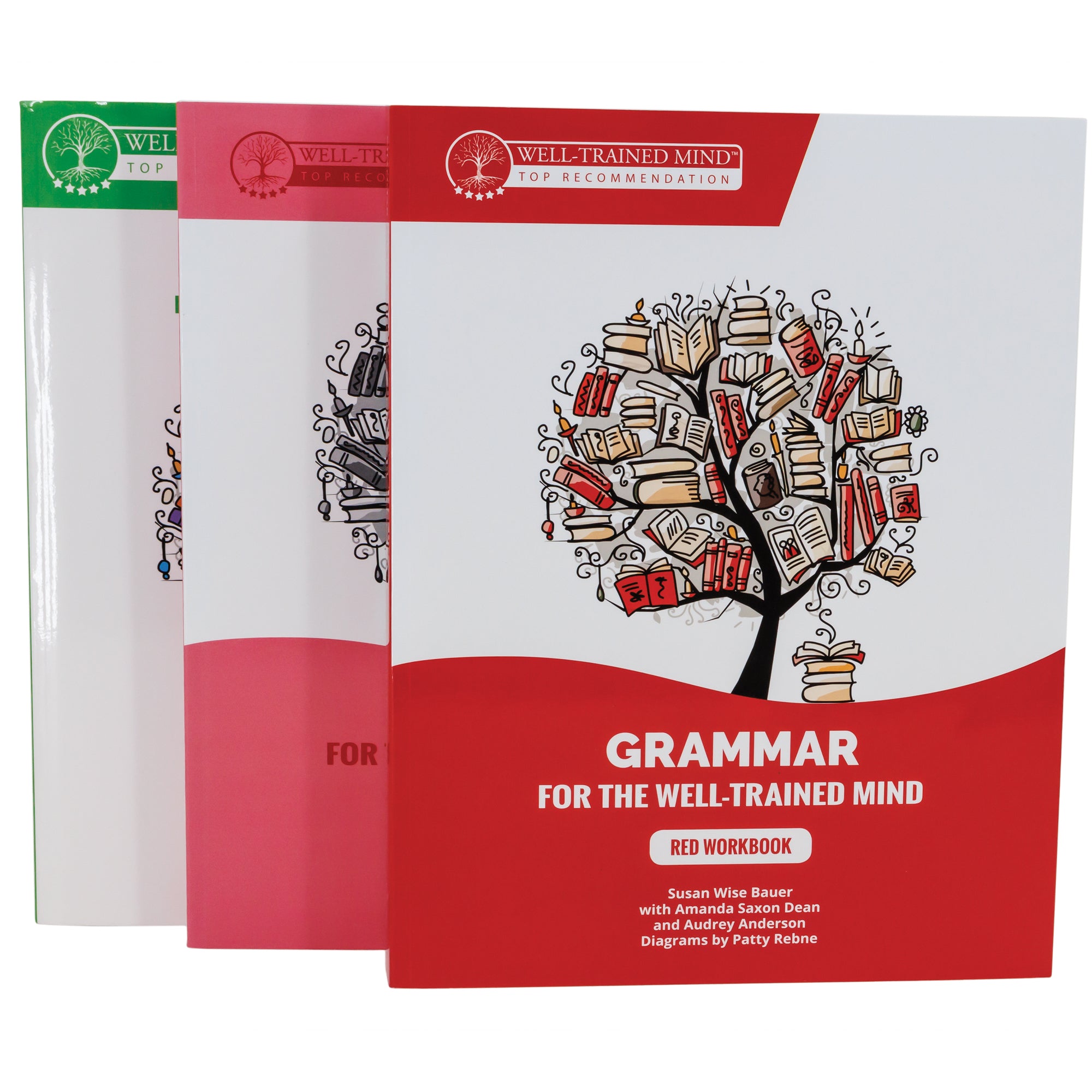 Grammar for the Well-Trained Mind red bundle of 3 books. The front book has a white top and a red bottom with a wave shape between the 2 colors. There is an illustration in the white section of a tree with books for leaves and a stack of books near the trunk. In the red section at the bottom is white text, including the title and “Red Workbook.” Tucked behind the red book is a pink version of this book, then a green version behind the pink.