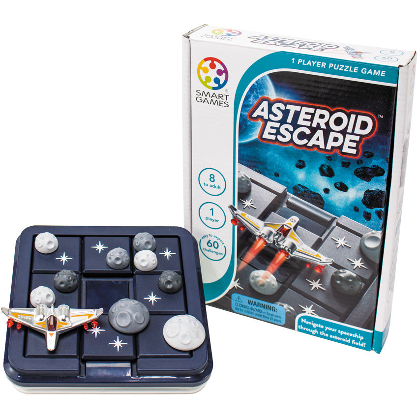 Asteroid Escape game. The gameboard is a dark navy blue with square navy blue playing pieces on top. Each playing piece stars and moon shaped pieces in shades of gray. One square has a space ship in silver and orange. The game box to the right shows the gameboard with a space background.