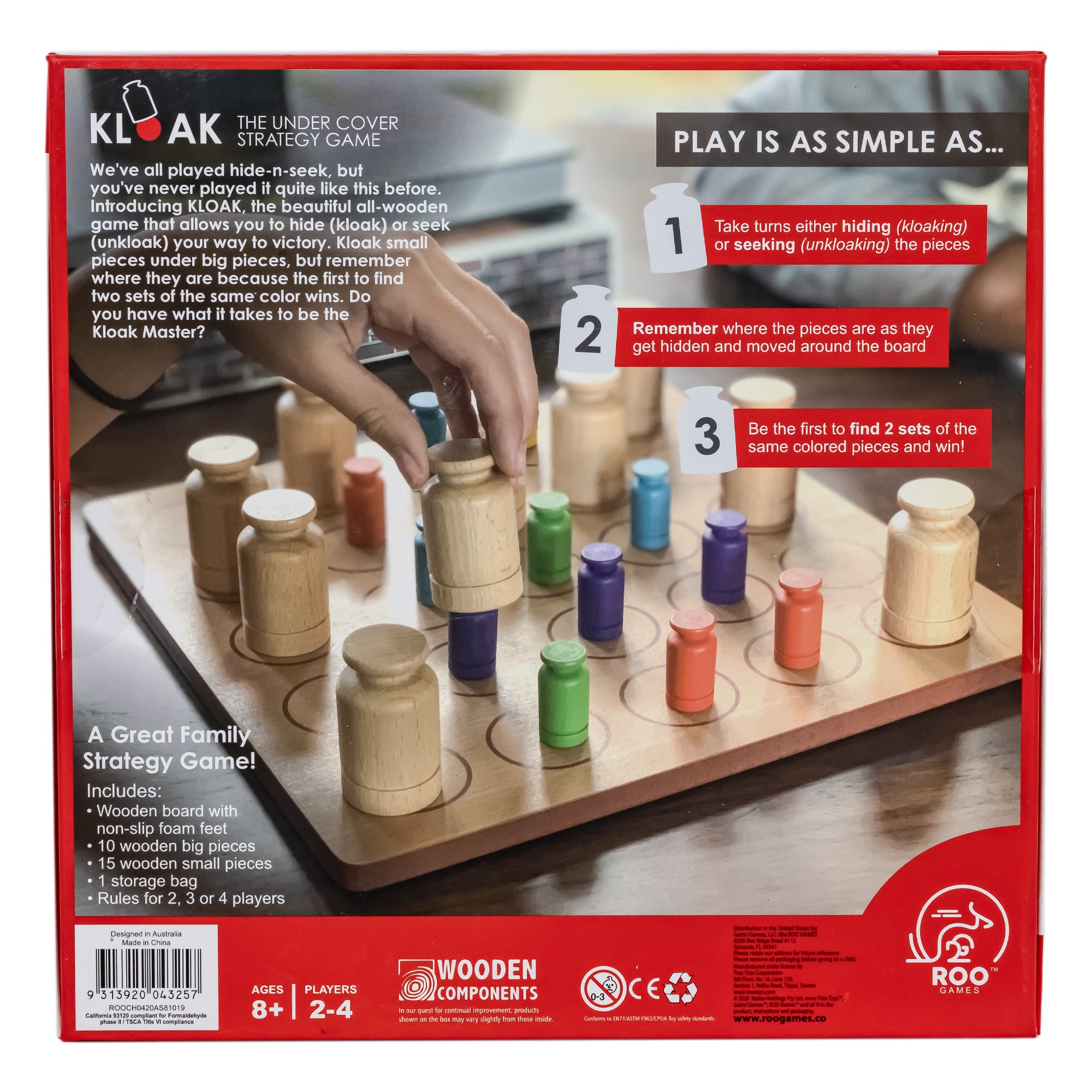 The back of the Kloak game box. The background is an image of the game in play with a hand coming from the top and reaching down to grab a cover piece that is over a purple piece. The square board is wooden with rounded corners and a grid of 5 by 5 circles on top. The pieces on top are colored wooden pieces that are rectangular with a tip shaped like a knob. The cover pieces are the same shape, but larger, and are wood colored. There is white text on the left and 3 step instructions in the upper-right.