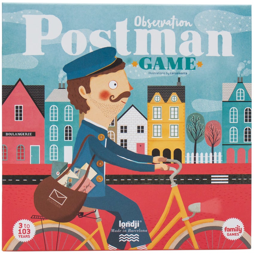 Postman Observation game box cover. The background is a blue, cloudy sky. There are tall town buildings in many colors, pink grass, and a road. In the front is a postman in a blue suit and hat riding a bike. He has a postal bag with many letters stuffed inside. His yellow bike has a headlight.