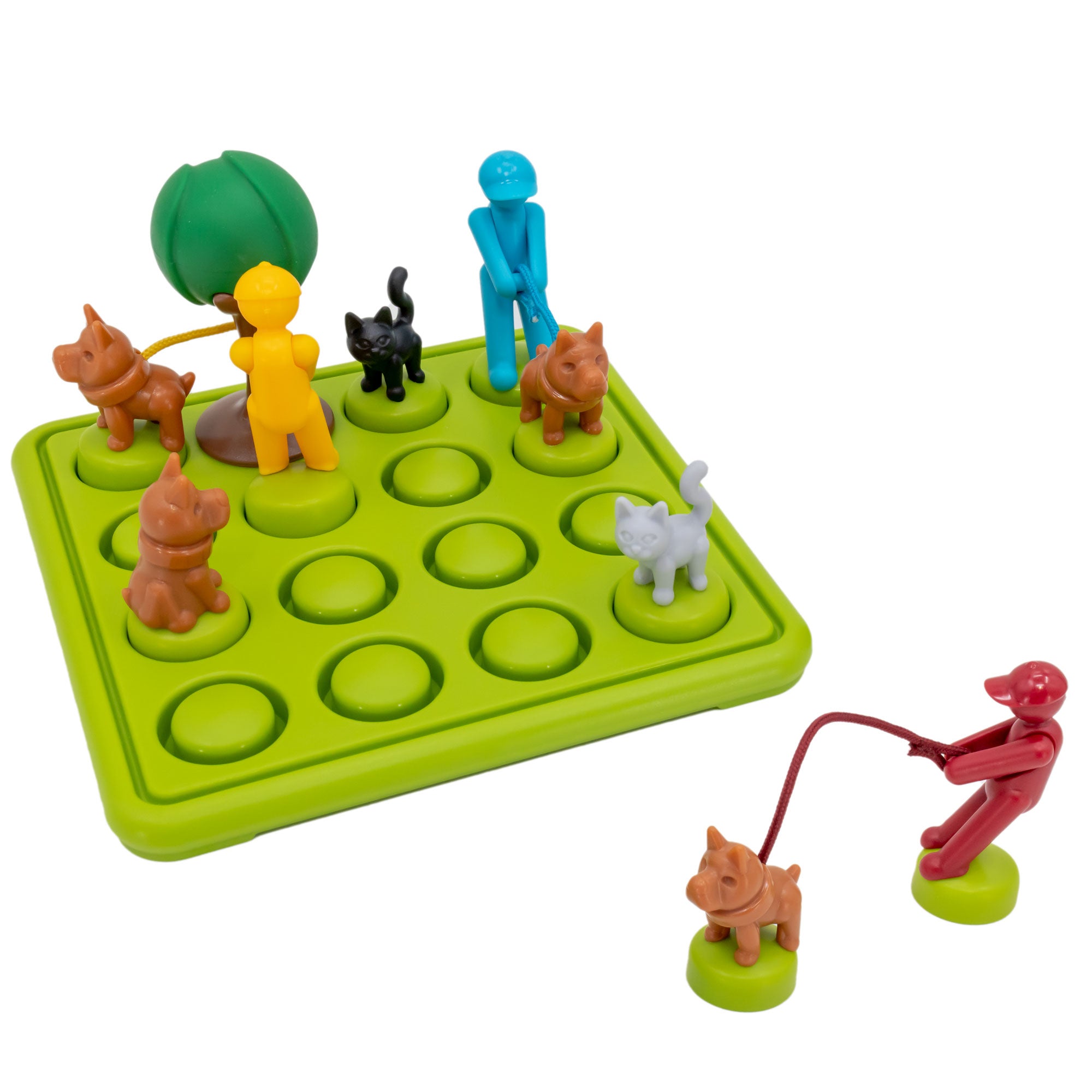 The Walk the Dog Smart Game in play. The square game board is bright green with a grid of 4 by 4 circles that allow pieces to be placed on top. The pieces on top are colorful men with leashes attached to a dog, cats, and a tree piece.