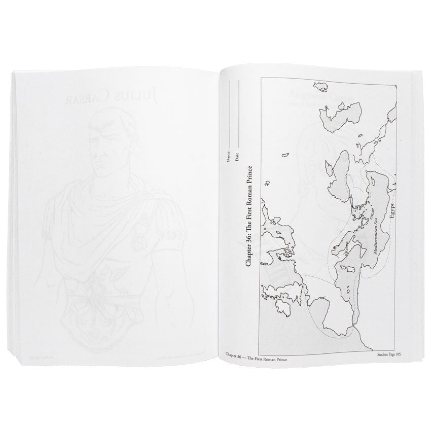 The Story of the World 1 Activity book open to show inside pages. The left page is blank, but you can see through to a black and white coloring page of Julius Ca¬esar on the other side. The right page shows a black and white map of northern Africa up to southern Europe and is titled “Chapter 36, The First Roman Prince.”