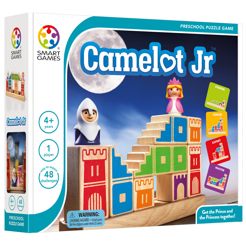 Camelot Jr game box. The box is standing, showing the cover. The main part of the cover shows the game in play with a knight piece and a princess piece standing on top of several wood block pieces with castle walls painted on them in different colors. You can see a few challenge cards on the right. The box indicates that it is a 1 player game for ages 4 and up. There are 48 challenges. 