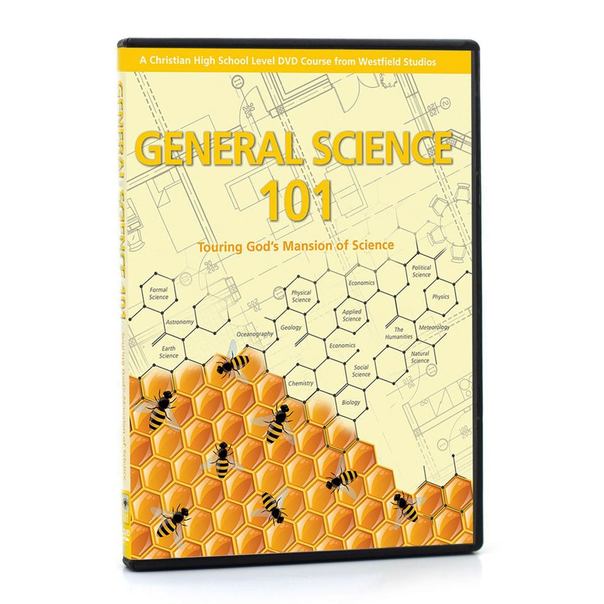 General Science 101 DVD package shows a light yellow background with home architecture sketches. On the lower half is a honeycomb with several bees on top. The honeycombs trail off toward the top-right and become black outlines with different science terms written in each honeycomb shape. The title is written in a dark yellow on the upper part of the DVD case. 