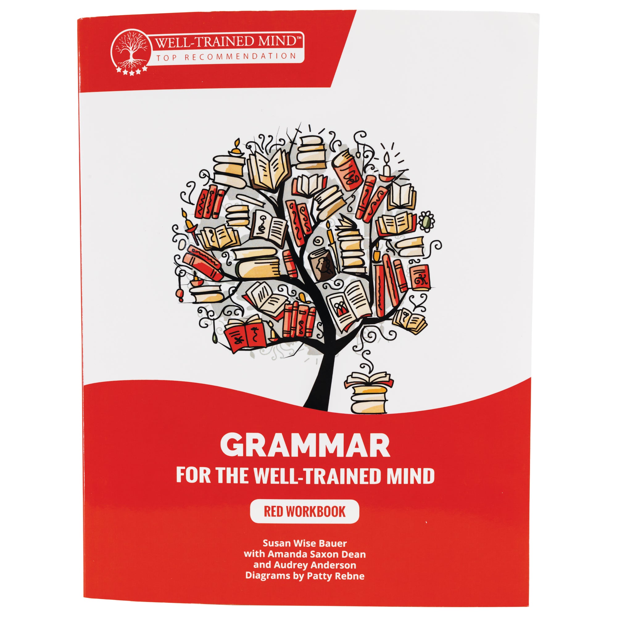 Grammar for the Well-Trained Mind red book cover. The cover has a white top and a red bottom with a wave shape between the 2 colors. There is an illustration in the white section of a tree with books for leaves and a stack of books near the trunk. In the red section at the bottom is white text, including the title and “Red Workbook.”