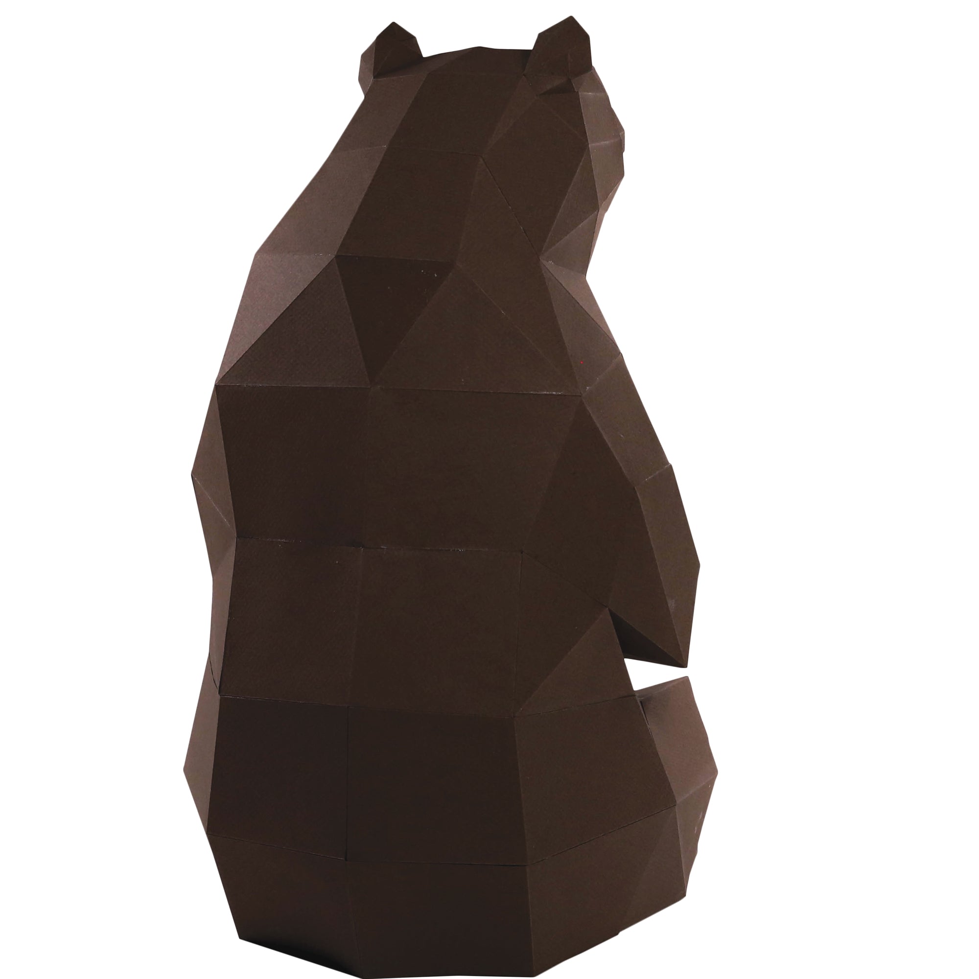 Back view of a dark brown Geometrical-shaped Papercraft bear that is folded and cut paper pieces glued together with a white background.