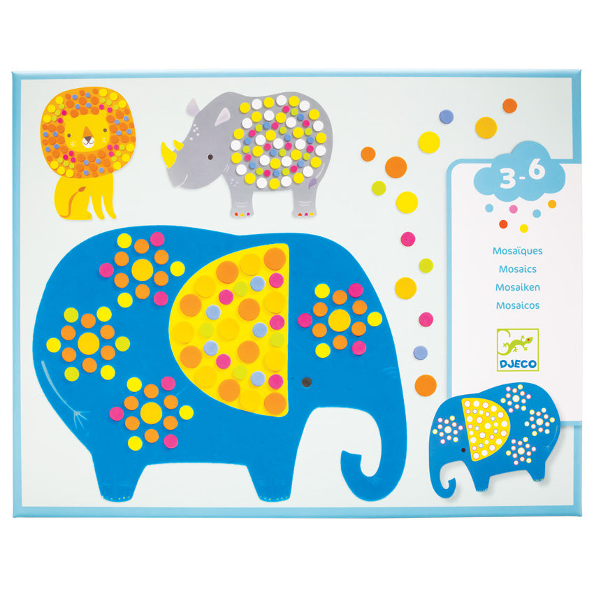 The Djeco Soft Jungle Mosaics box. The box cover has a light blue background with a darker blue border. There is a lion and rhino on the top and 2 elephants on the bottom. All animals are covered in dot stickers, which appear to be a soft foam. The age recommendation on the box is for ages 3 to 6.