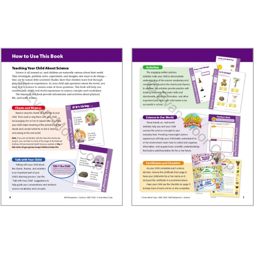 Skill Sharpeners Science Grade K book sample pages. The image is slightly out of focus. The pages are white with a purple top border. The left page has a title in the border that reads “How to Use This Book.” There are several colored text boxes with sample page images over the top. Sections on the left page are Teaching Your Child About Science, Chants and Rhymes, and Talk with Your Child. Sections on the right page are Activities, Science in Our World, and Certificated and Checklist.