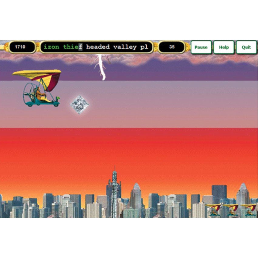 Typing Instructor screenshot of the Diamon Glider typing game. It shows a motorized hang glider gliding over a city with a sunset sky. You can see a diamond floating in the sky and a bolt of lightning. At the top of the screen is a score board with the words you need to type and some game options.