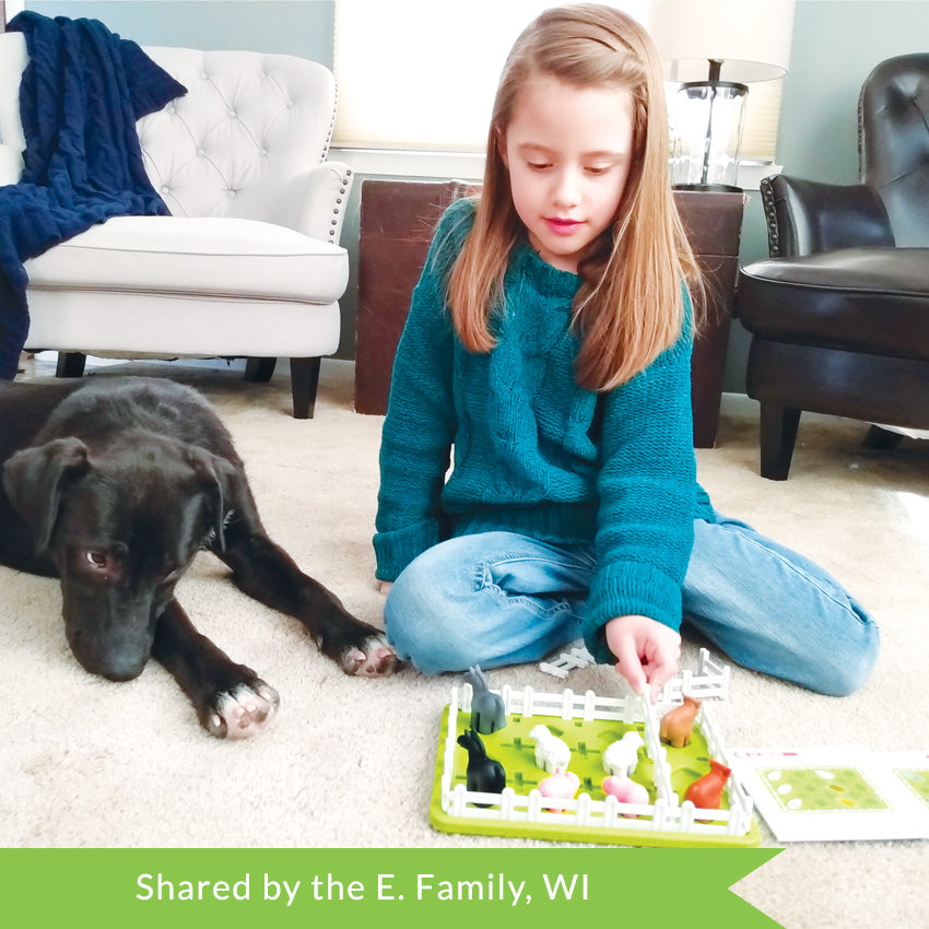 A customer photo of a young brunette girl playing with the Smart Farmer game next to her black dog on the floor. She is placing a fence piece on the board. The green rectangle-shaped game board has white fence pieces all around the edge and a few through the middle. You can see 2 horses, 2 pigs, 2 sheep, and 2 cows inside the fence on the board. Off to the side of the board, are 2 more fence pieces and the instruction booklet, open to show challenges.