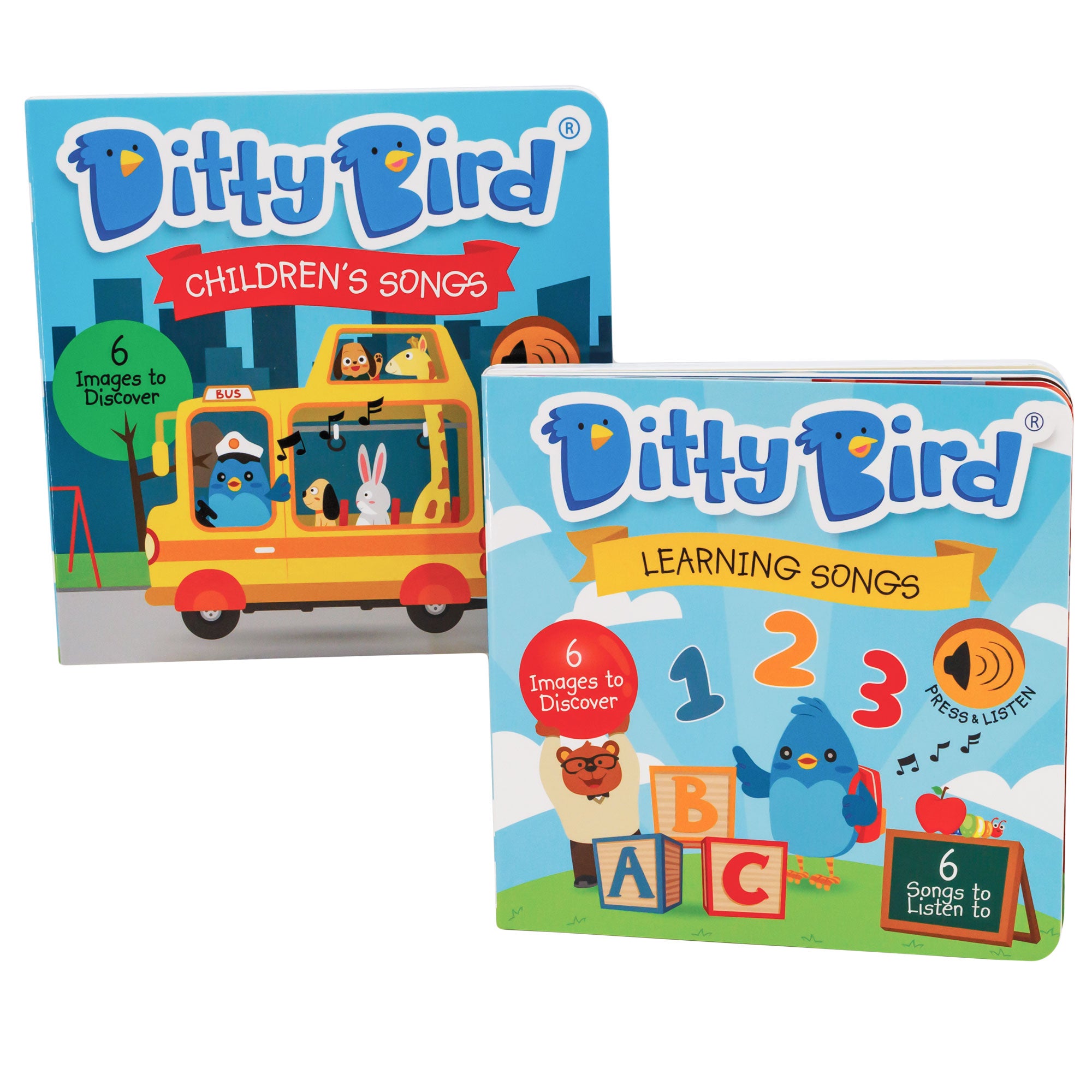 Ditty Bird 2 book set. Left book is "Children's Songs" with a blue city background and a yellow bus with a variety of animals as passengers and a blue bird driver. On the right is "Learning Songs" with a blue sky and cloud background and a blue bird with a backpack, a bear with glasses and a nice outfit, and 3 blocks with A B C on them. Books have a "press & listen" icon on them showing the book has sound buttons inside.