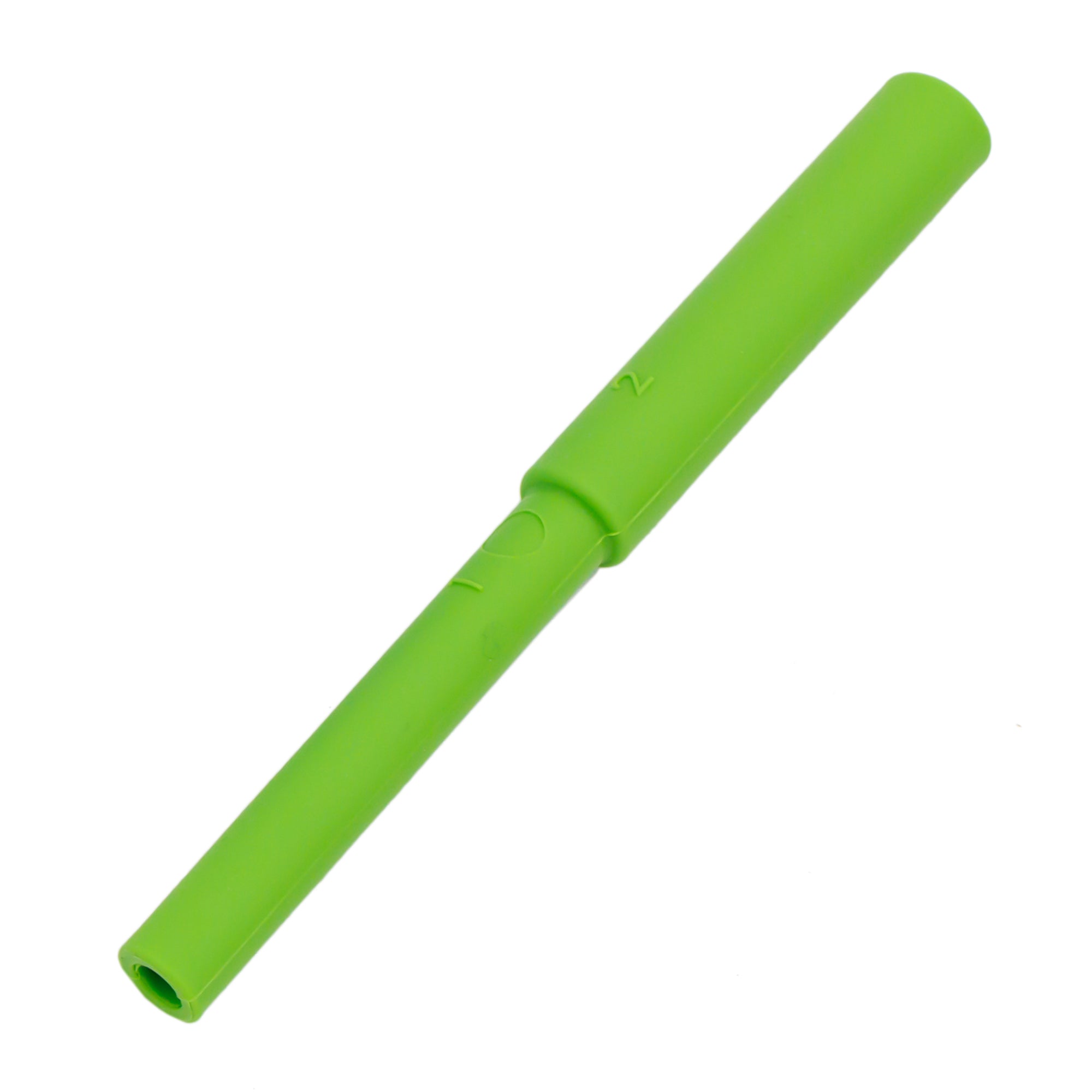 Bright green tube shaped teether with a smaller-around tube shape on the bottom half.