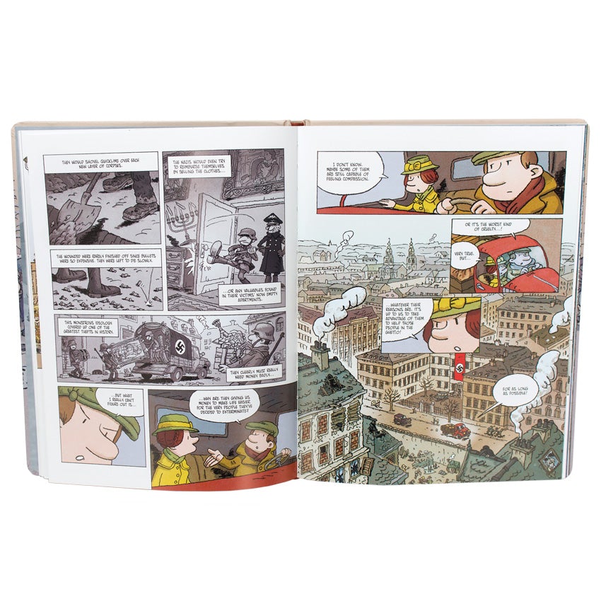 Irena, Book 1, Wartime Ghetto book open to show inside pages. The book is a comic book style layout with squared illustrations and talk bubbles. The story on the pages show Irena riding in a truck and telling the man driving about the horrible things the Nazi’s have been doing. As they drive through the city you can see a Nazi flag hanging from a tall building.