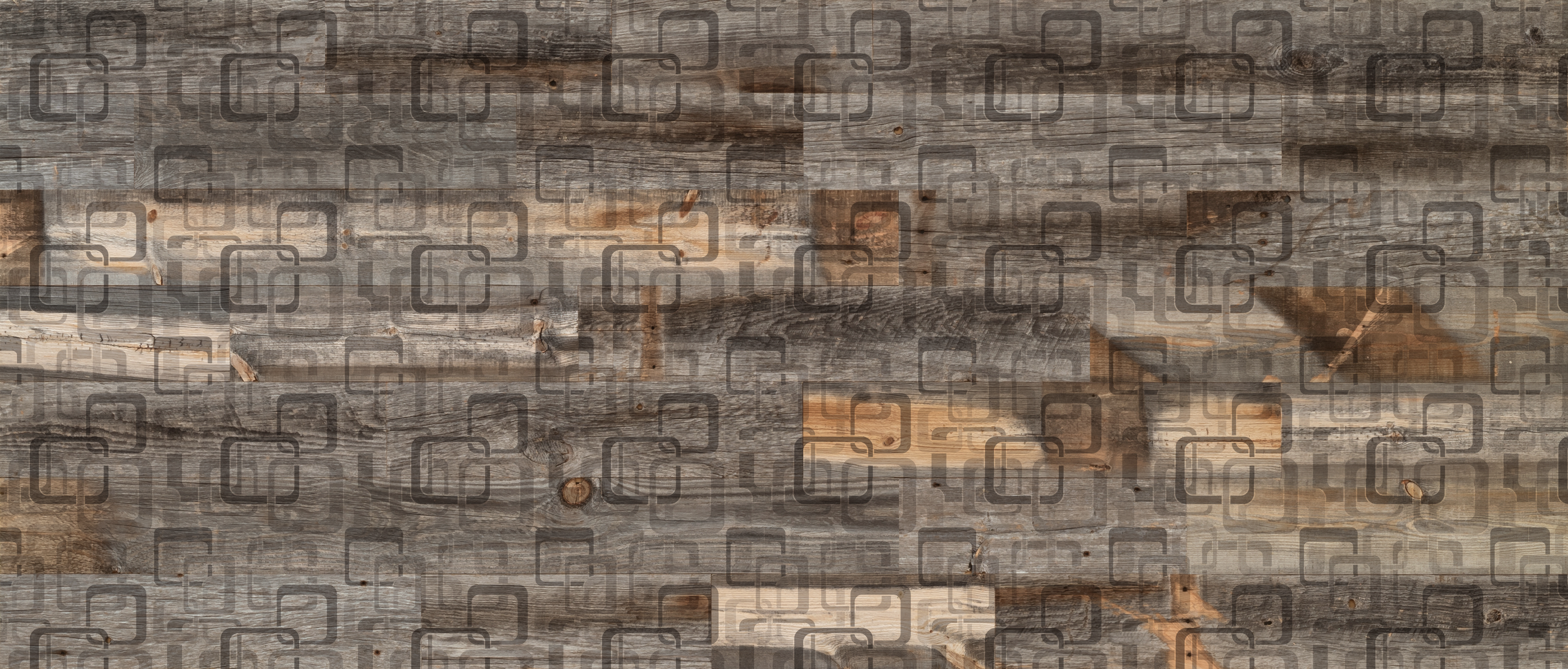 Stikwood Plankprint Weathered Mod Squad material explorer| real reclaimed barnwood pine peel and stick wood wall and ceiling planks with gray, tan, silver and brown colors and a printed pattern..