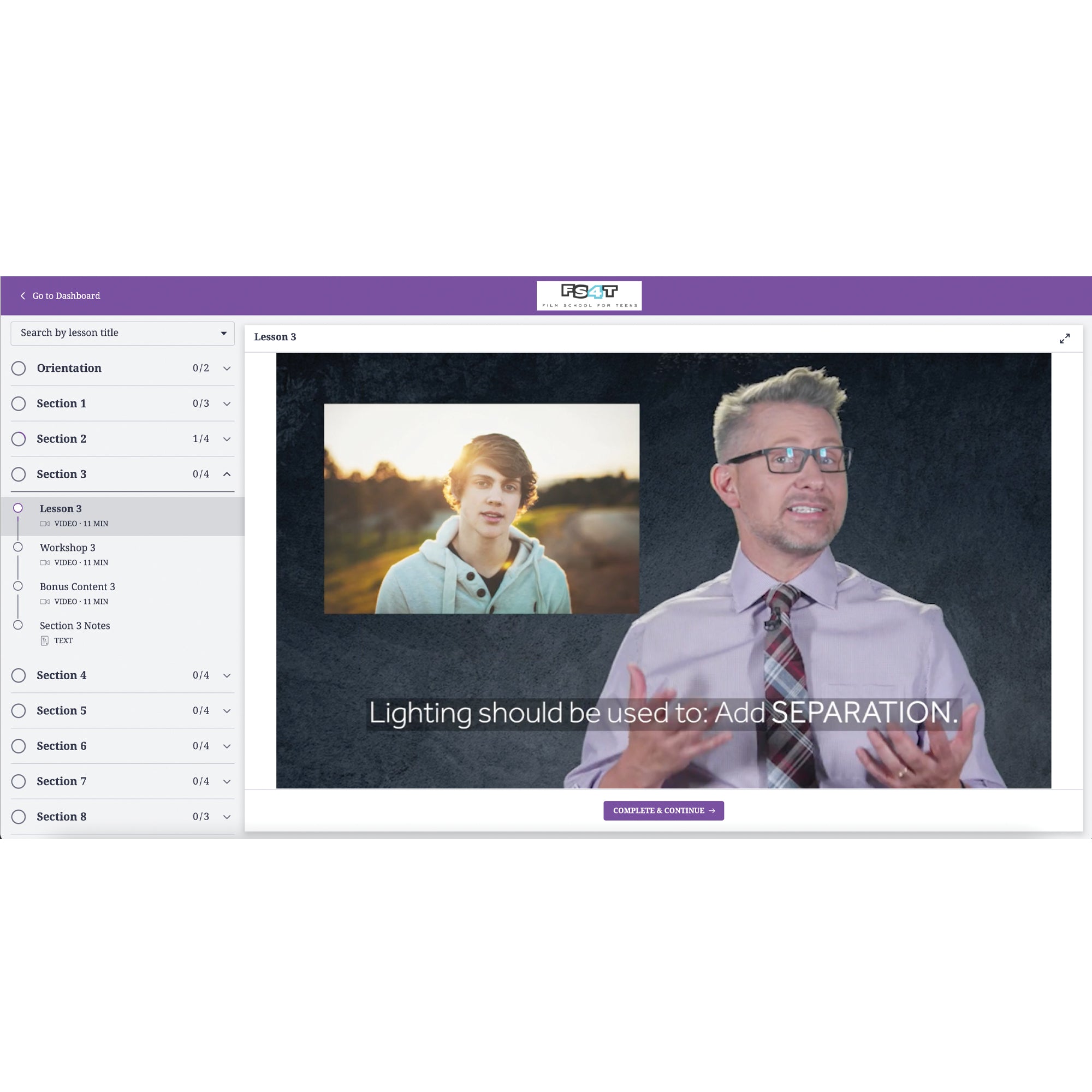 A screenshot from the Photography 4 Teens program. There is a menu on the left and the background is a white with a bright purple boarder at the top and a button at the bottom. The middle of the screen shows a screenshot of a gray-haired man with glasses and a necktie in the middle of talking. To the upper-left of him is a picture of a teenage boy outside with the sun setting behind them. The words across the screen reads “Lighting should be used to: Add SEPARATION.”
