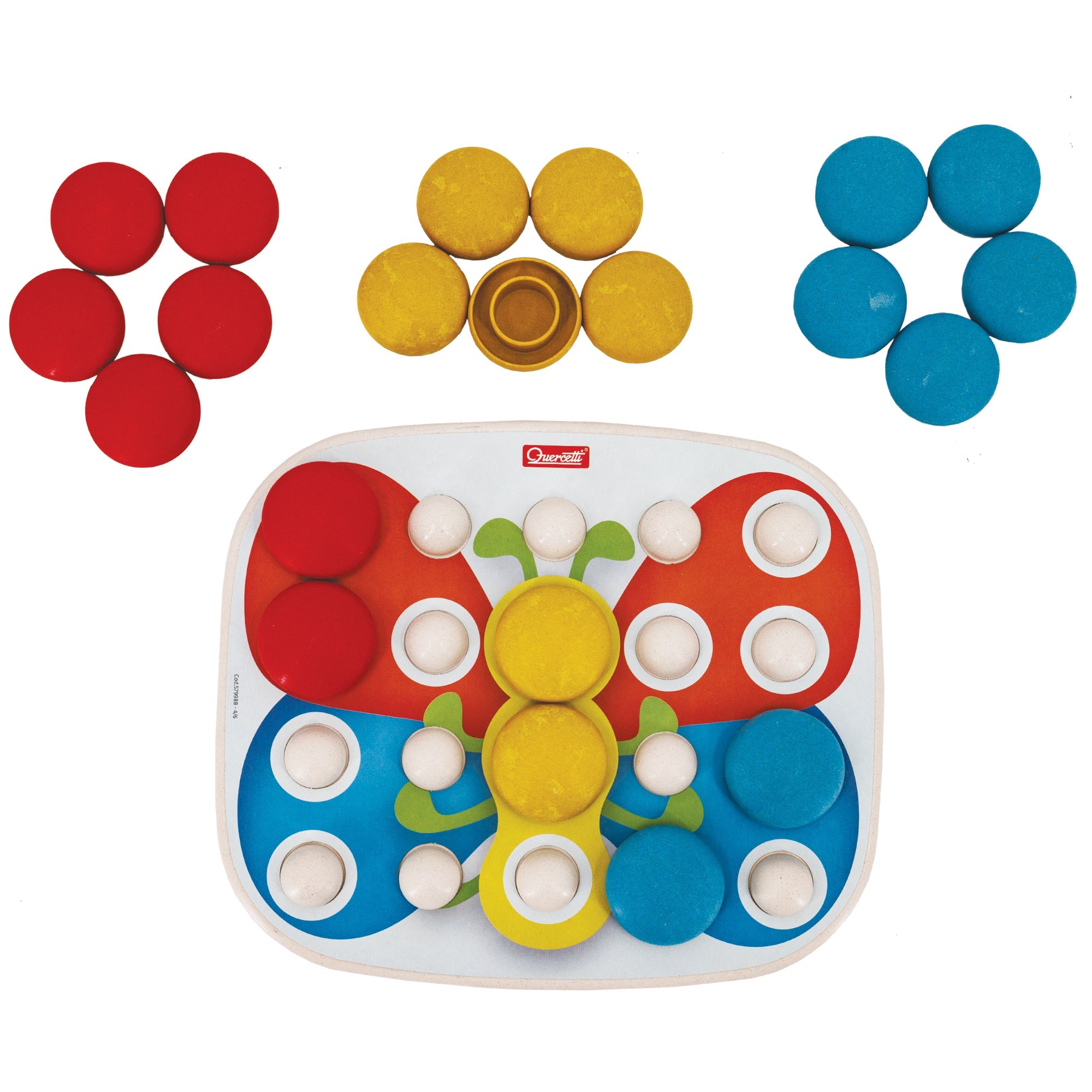Quercetti Fanta Color Baby set. At the top are 3 sets of rounded pieces that fit over the peg board below. There is 5 red on the left, 5 yellow in the center, and 5 blue on the right. On the peg board below is a butterfly pictures, with several colored pieces placed on top.