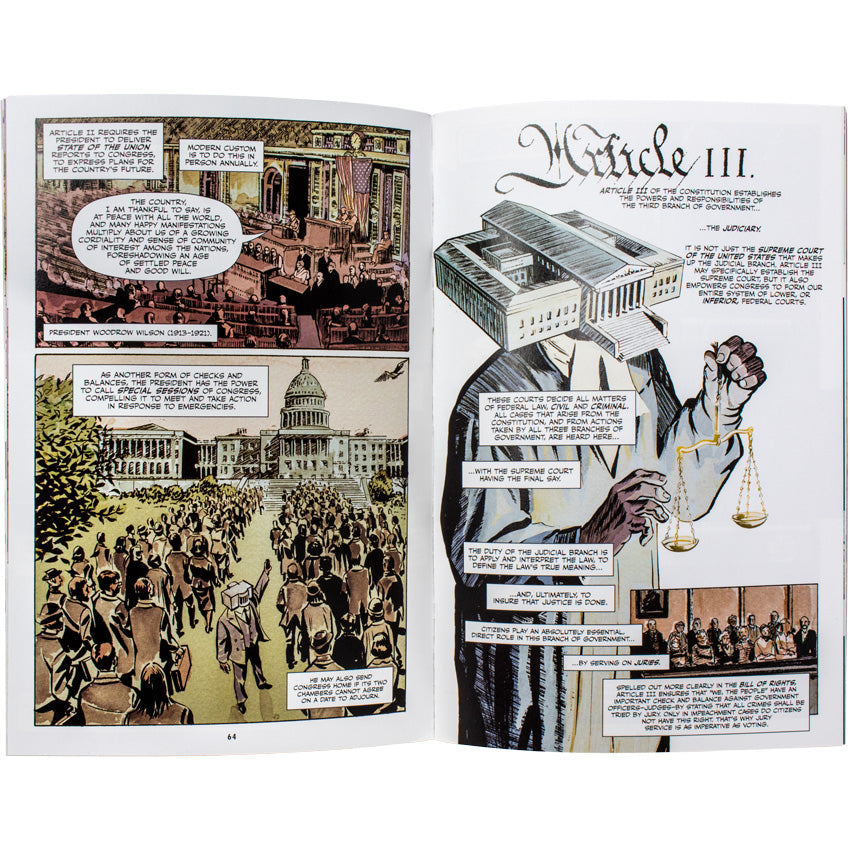 The United States Constitution book open to show article 2 on the left page and article 3 on the right page. The left page shows illustrations of President Woodrow Wilson giving a State of the Union speech and a a crowd of people in lines headed into a “special session” called by the president. The right page shows a person with a head shaped like the Supreme Court and holding justice scales. In the lower-right is an illustration of a jury.