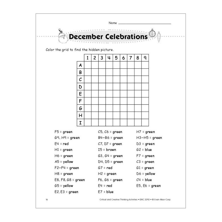 Critical & Creative Thinking book 3 sample page. There are ornaments and a santa illustration at the top next to the title “December Celebrations.” The page has a grid with instructions on coloring in certain grids with certain colors to reveal a picture.