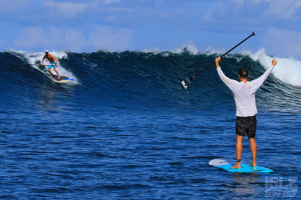 dirk and marc cheer each other on as they both get perfect waves in indonesia 