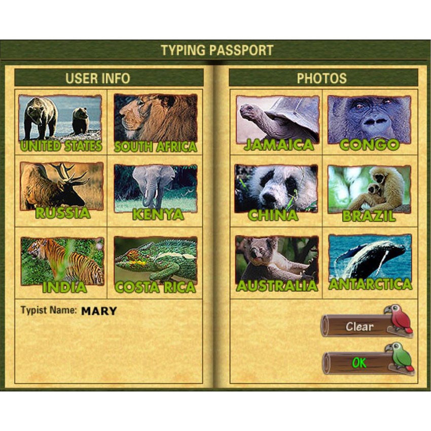 Typing Instructor screenshot of a "typing passport" with stamps and animal pics, including; United States with 2 bears, South Africa with a lion, Russia with an elk, Kenya with an elephant, India with a tiger, Costa Rica with a chameleon, Jamaica with a tortoise, Congo with a gorilla, China with a panda, Brazil with 2 monkeys, Australia with a koala bear, and Antarctica with a gray whale. There are 2 buttons on the bottom of the right page that are labeled "clear" and "ok."