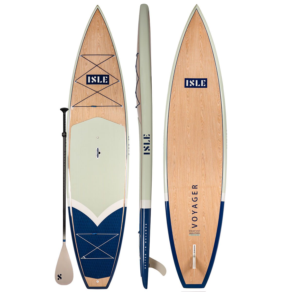 Voyager 2.0Stand Up Paddle Board PackageThis high-performing board has a premium wooden finish and a pointed nose, making it the best touring SUP we offer as it cuts through the water with ease.