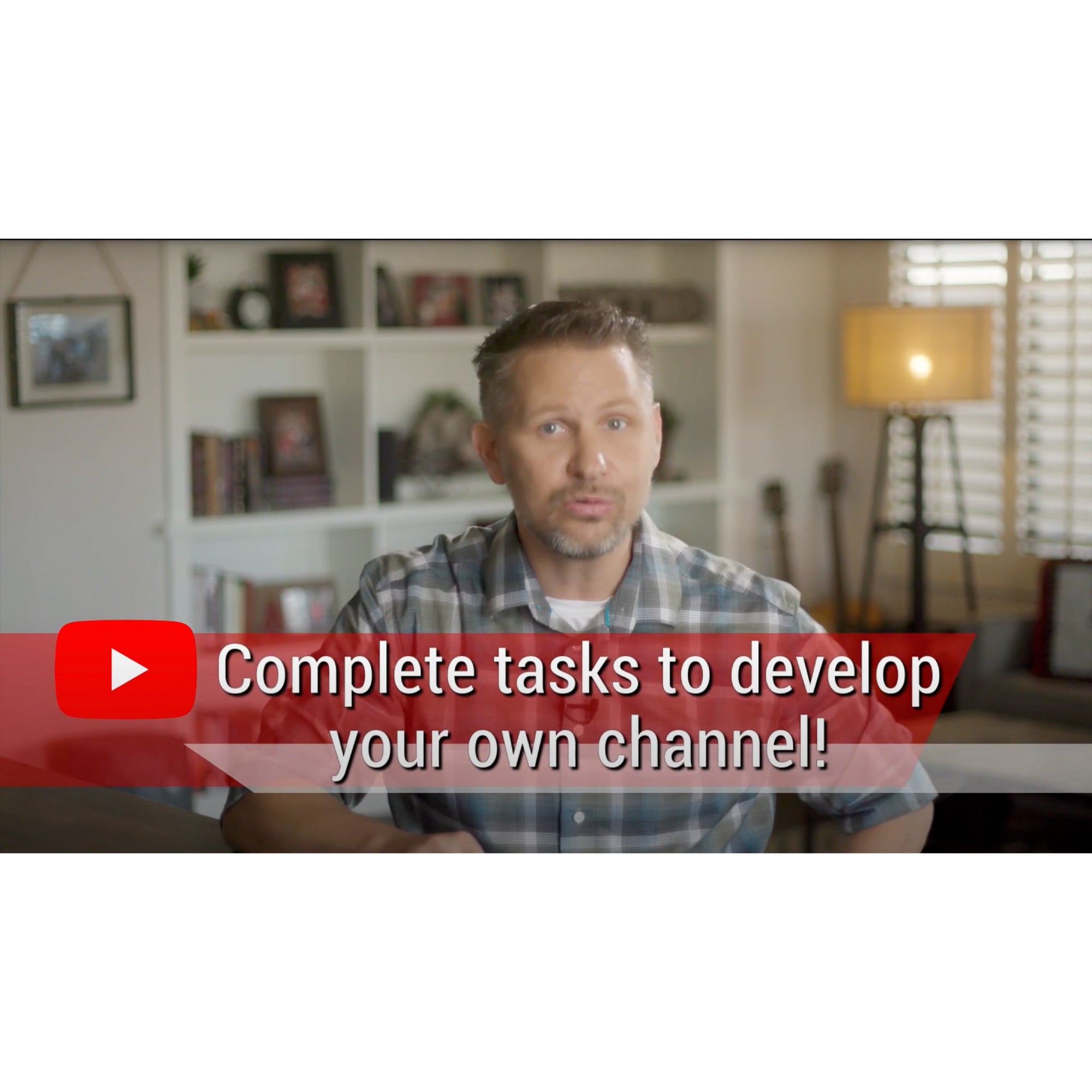 A YouTube 4 Teens screenshot of a gray-haired man, mid-sentence, wearing a plaid shirt with a living room behind him out of focus. Over the top of the man are red and white transparent lines with a YouTube logo and the text "complete tasks to develop your own channel."