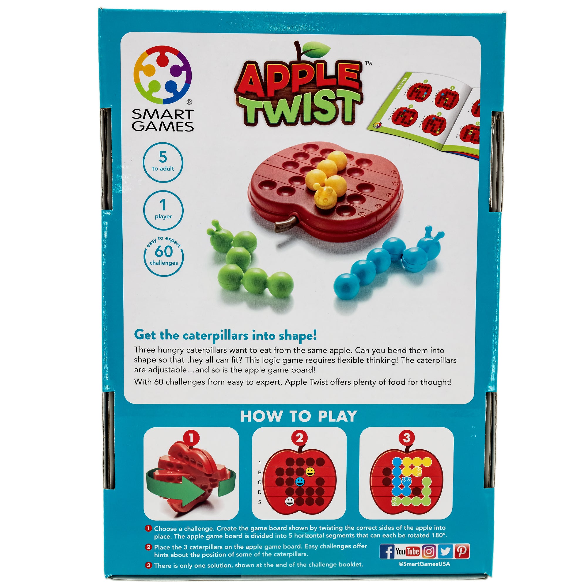 The Apple Twist Smart Game box back.  The box shows the apple game with the yellow caterpillar piece in place on the board and the blue and green off to the side, waiting to be put in place. Below are 3 pictures, showing how to play the game. The box indicates that the game is 1-player and is recommended for age 5 or older. There are 60 challenges.