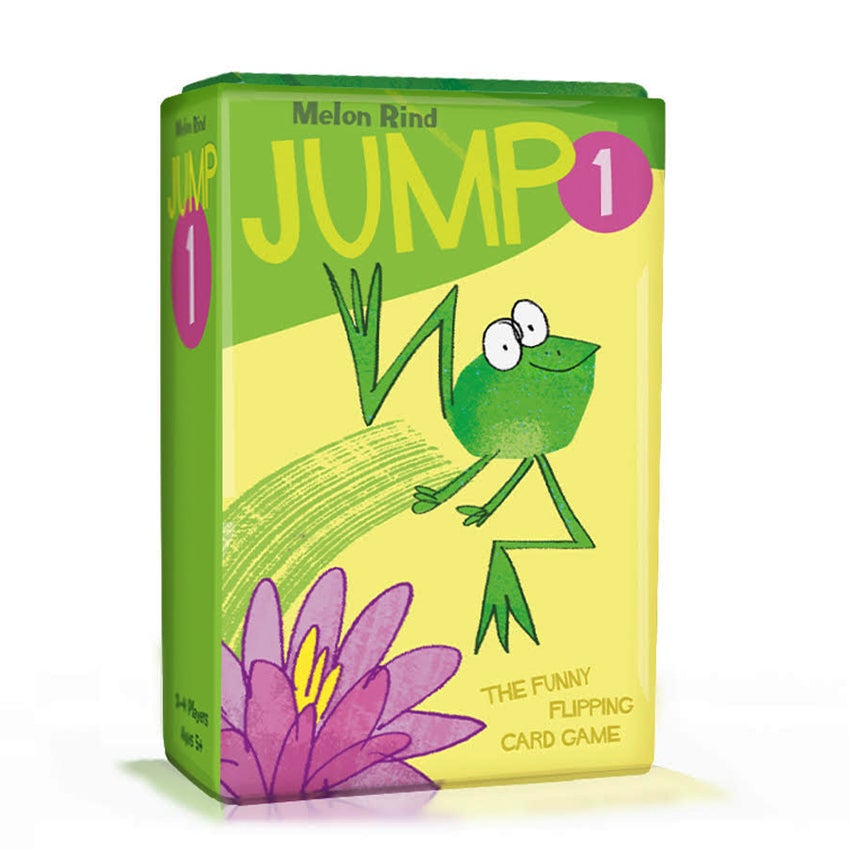 Jump 1, the funny flipping card game. Box cover shows a green frog jumping over a pink flower on a yellow and green background.