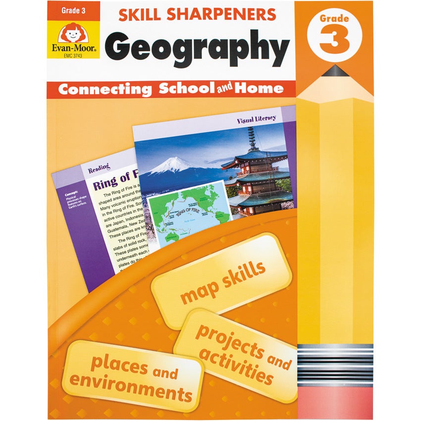 Skill Sharpeners Geography Grade 3 book. The background is mainly orange with a white top containing the title. In the middle are 2 sample pages from the book, titled “Reading” and “Visual Literacy.” Over the top of the pages, is a rounded orange shape with rectangular shaped boxes and the following text inside; map skills, projects & activities, and places & environments. To the right is a huge pencil illustration, standing from bottom to top.