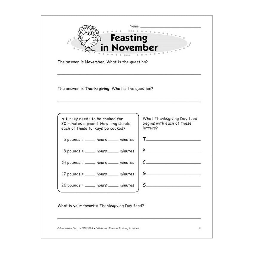 Critical & Creative Thinking book 3 sample page. There is a turkey illustration at the top next to the title “Feasting in November.” The page has Thanksgiving themed activities and word problems.