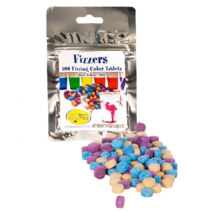 Color Fizzers packaging with a pile of tablets laying in front and to the right. The package is a foil colored pouch with a sticker label on the front showing colored water in glasses with tablets in front and a glass with water in the process of being colored by a red tablet.