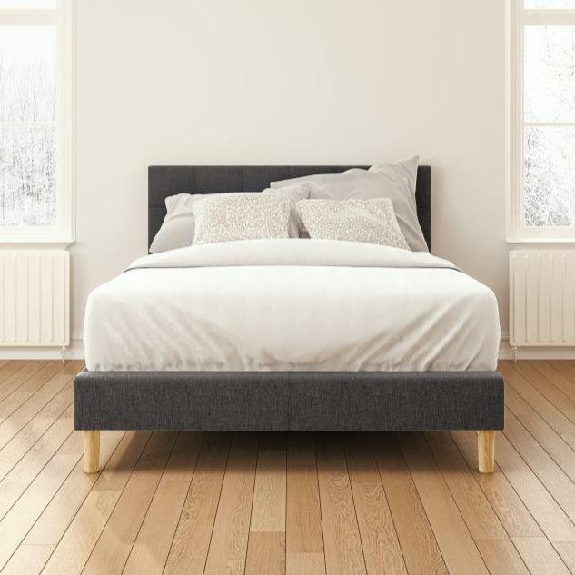 Lottie Upholstered Platform Bed Frame, Blackstone Classic Grey Upholstered Square Stitched King Platform Bed
