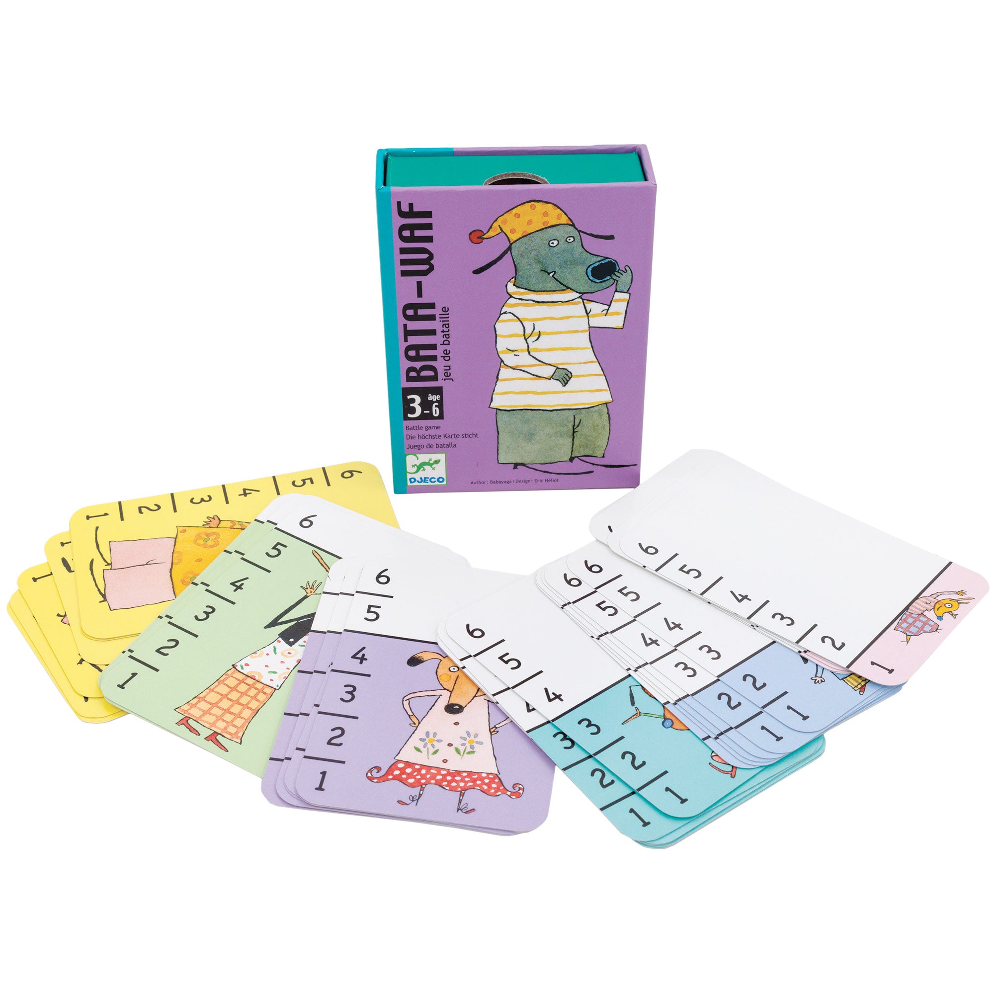 Djeco Bata-Waf card game box surrounded by cards. In the back, the card box is purple with teal sides. On the cover is a gray dog touching its’ nose. It is wearing a stocking cap, striped shirt, and gray pants. In front of the box, there are cards fanned out. They are in different colors and all have the numbers 1 through 6 on the left side going from the bottom to the top. Each animal on the card is measured by the numbers, to indicate their size.