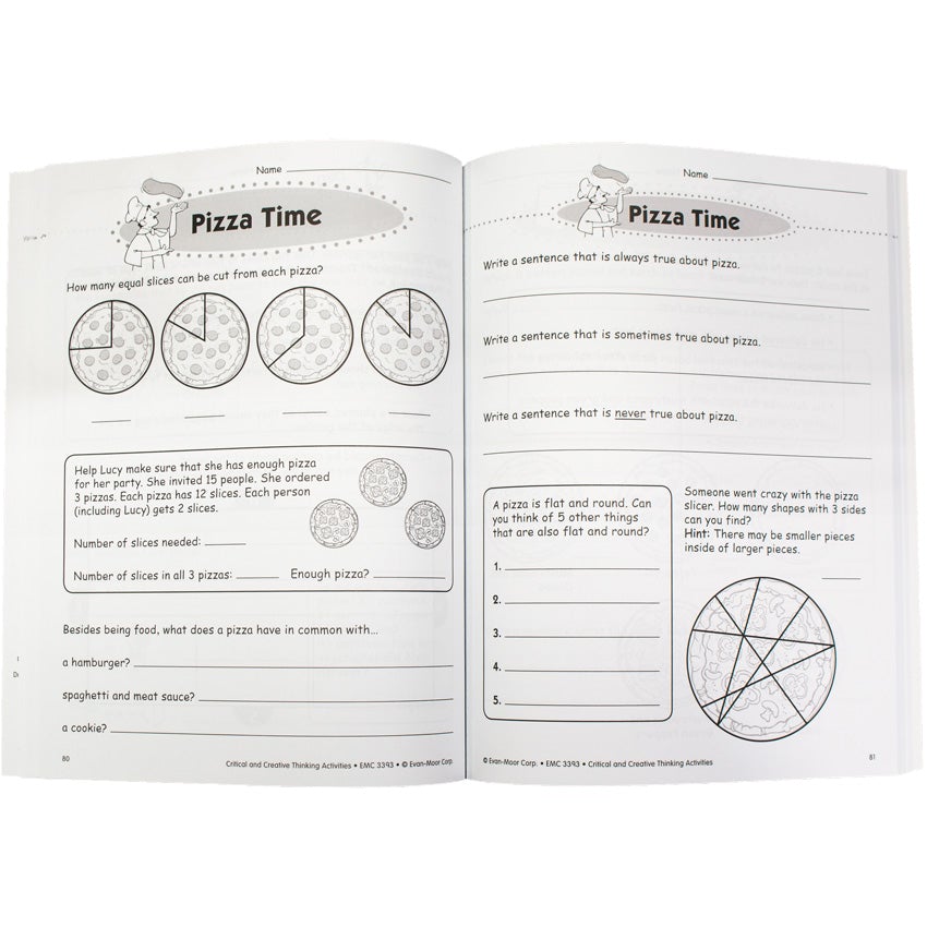 Critical & Creative Thinking book 3 open to show inside pages. The left page shows 4 pizzas with slices in them and questions below relating to pizza. The right page has questions relating to pizza with a pizza sliced erratically at the bottom with instructions to identify the number of slices with 3 sides.