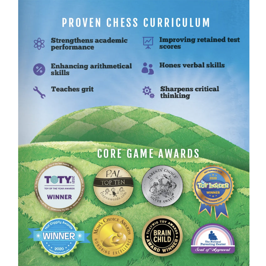 Story Time Chess promotional image. The background is a blue sky with green patchwork hills. At the top in white is written “Proven Chess Curriculum.” Under in black text, and accompanied by a related icon, are the following skills; strengthens academic performance, enhancing arithmetical skills, teaches grit, improving retained test scores, hones verbal skills, sharpens critical thinking. Below are game awards.