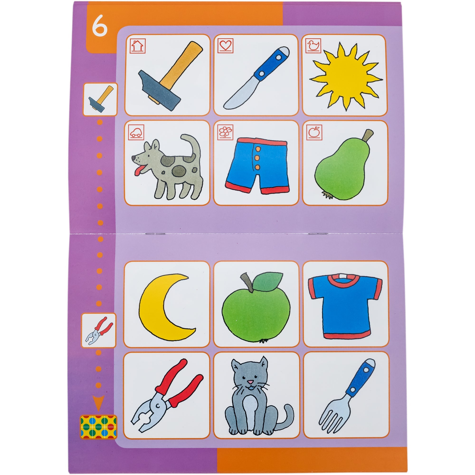 A Bambino L U K book open to show illustrations. The top portion shows 6 tile images of a mallet, knife, sun, dog, shorts, and pear. On the bottom page, it shows 6 tile images of a moon, apple, shirt, pliers, cat, and fork. The pages are purple, light purple, and orange.