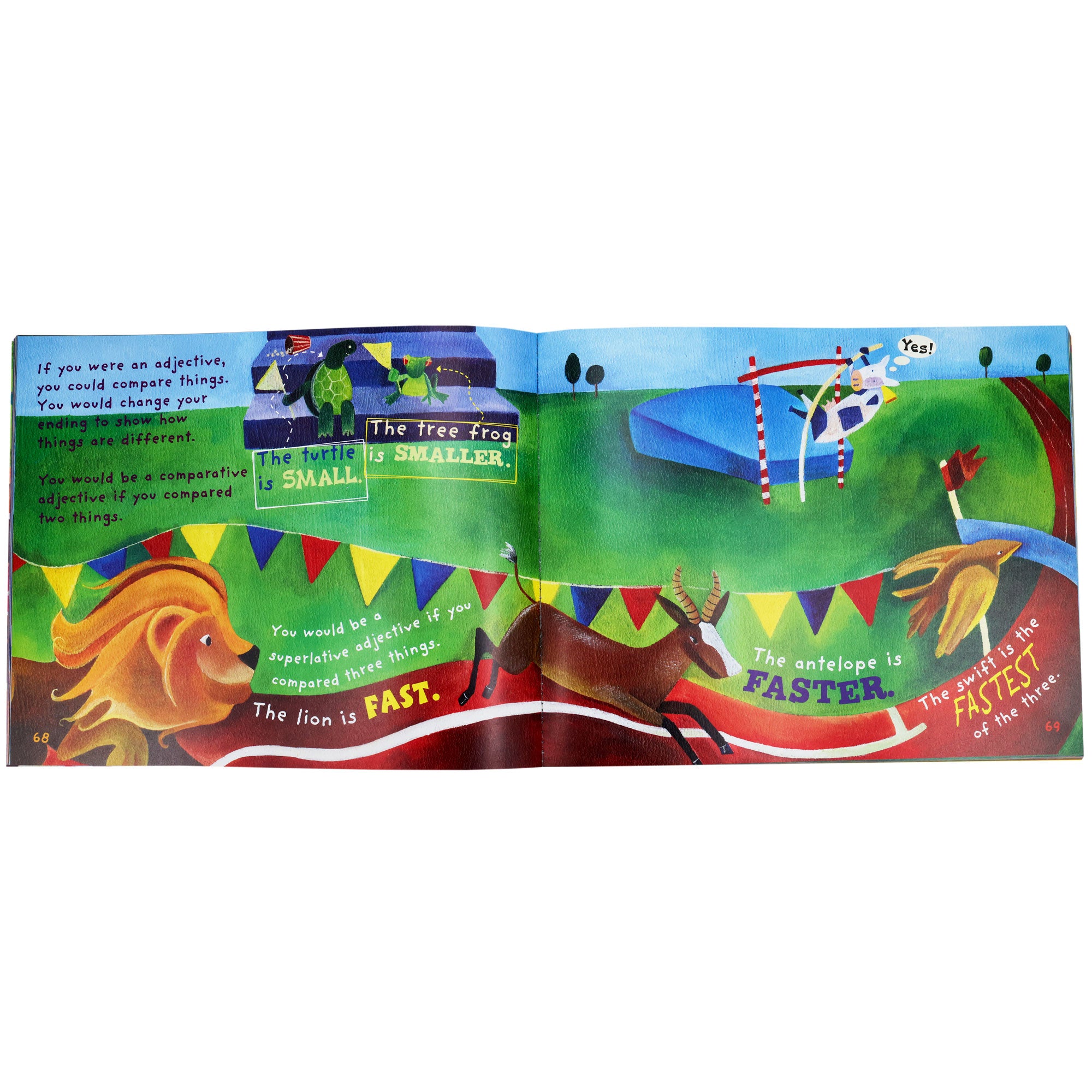 Word Fun book open to show inside pages. The spread over both pages shows a race between a lion, antelope, and a swift. The adjectives explored on the page are fast, faster, fastest, small, and smaller. You can see a cow pole jumping and a frog and turtle on bleachers in the background. The text in the upper-left reads “If you were an adjective, you could compare things. You would change your ending to show how things are different. You would be a comparative adjective if you compared two things.”