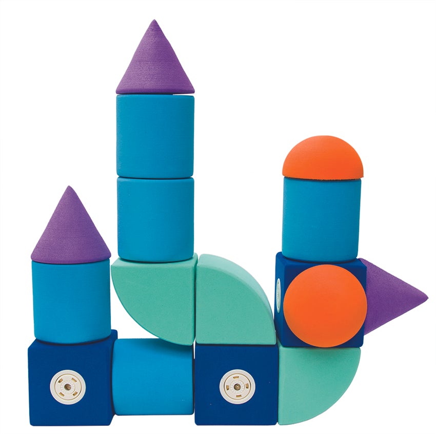 Block-a-Roo Once Upon a Stem blocks setup into 3 towers. The 2 left tower tops are purple cone shapes and the right tower top is an orange dome shape.  The cylindrical shaped blue pieces make up the tower portions. There are 3 dark blue square pieces and turquoise quarter circle shapes as well. They are stuck together by magnets inside each piece.