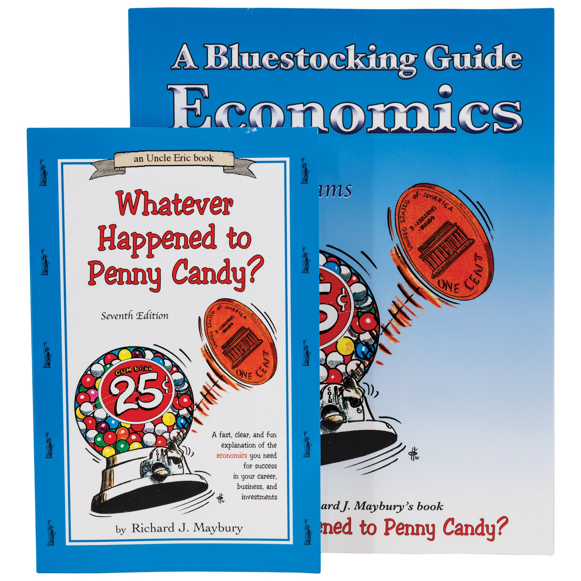 Set of 2 Bluestocking Economics Books. The larger blue book in the background shows a gumball machine with a large penny. The smaller book covers over the larger book and also shows a gumball machine with a large penny on a white background.