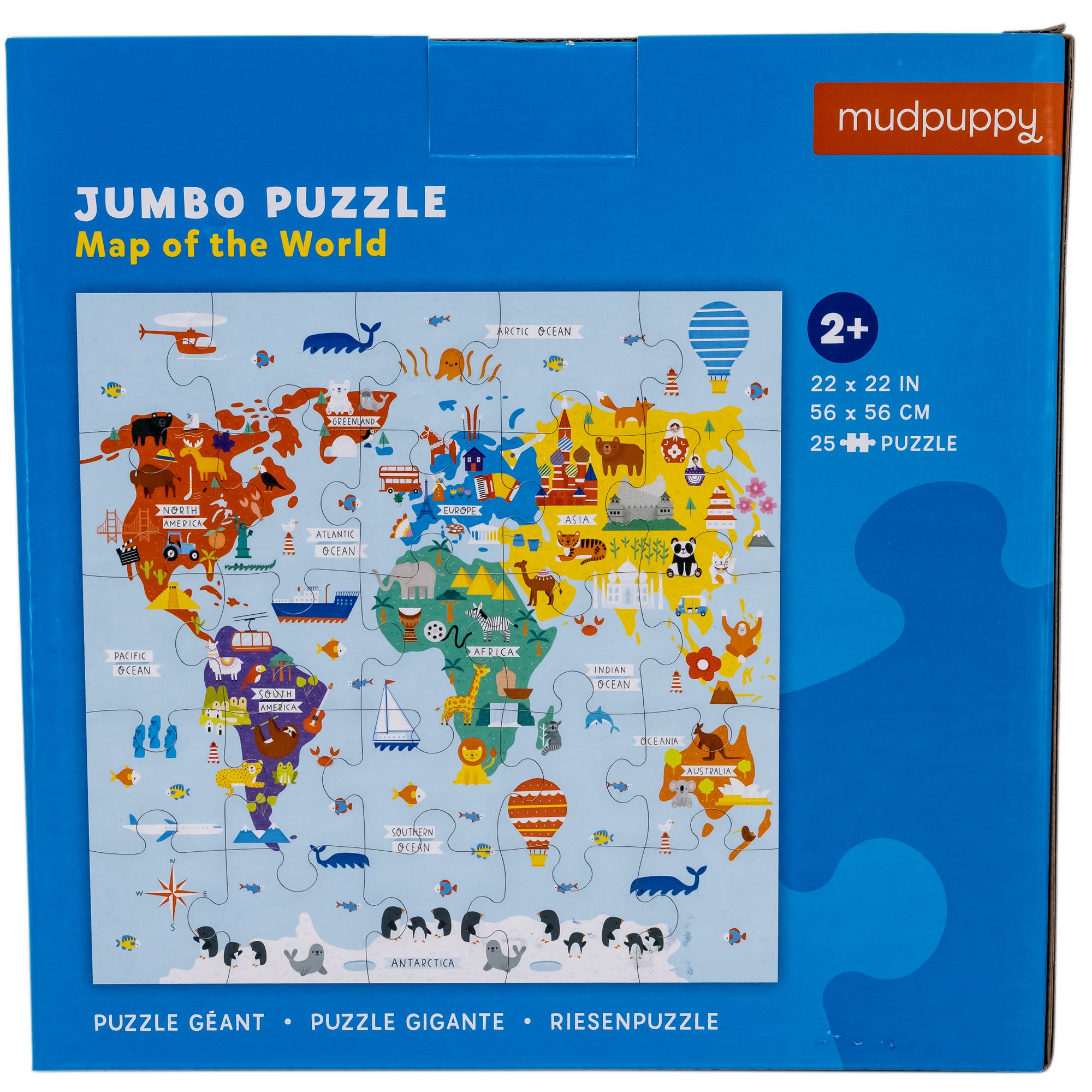 Jumbo Puzzle, Map of the World box back. The background is blue with a darker blue puzzle piece silhouette in the lower-right. There is a completed map image over the box. The puzzle is mainly light blue with each continent a different color and many animals and vehicles placed all over the top. North America is red, South America is purple, Africa is green, Europe is blue, Asia is yellow, and Australia is orange. Antarctica is white with penguins and seals. The 25-piece puzzle is 22 by 22 inches.