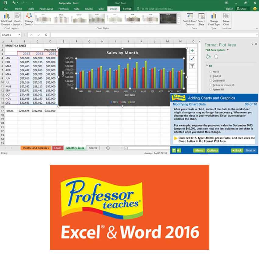 Professor Teaches Super Set DVD-Rom screenshot of the Excel & Word 2016 tutorial. Screen shows an excel sheet with a large colored graph into the middle titled "Sales by Month" and some financial figures on the left. In the lower-right of the screen is a tutorial window with instructions titled "Adding Charts and Graphics."