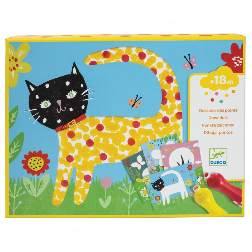 The Djeco Spot the Dot kit box. The cover shows a cat standing on grass, surrounded by flowers and bugs. The body of the cat has been dotted with the markers, yellow and red. In the bottom-right it shows the 4 projects laid out with 2 of the markers laid over the top. The box recommends the set for ages 18 months or older. 