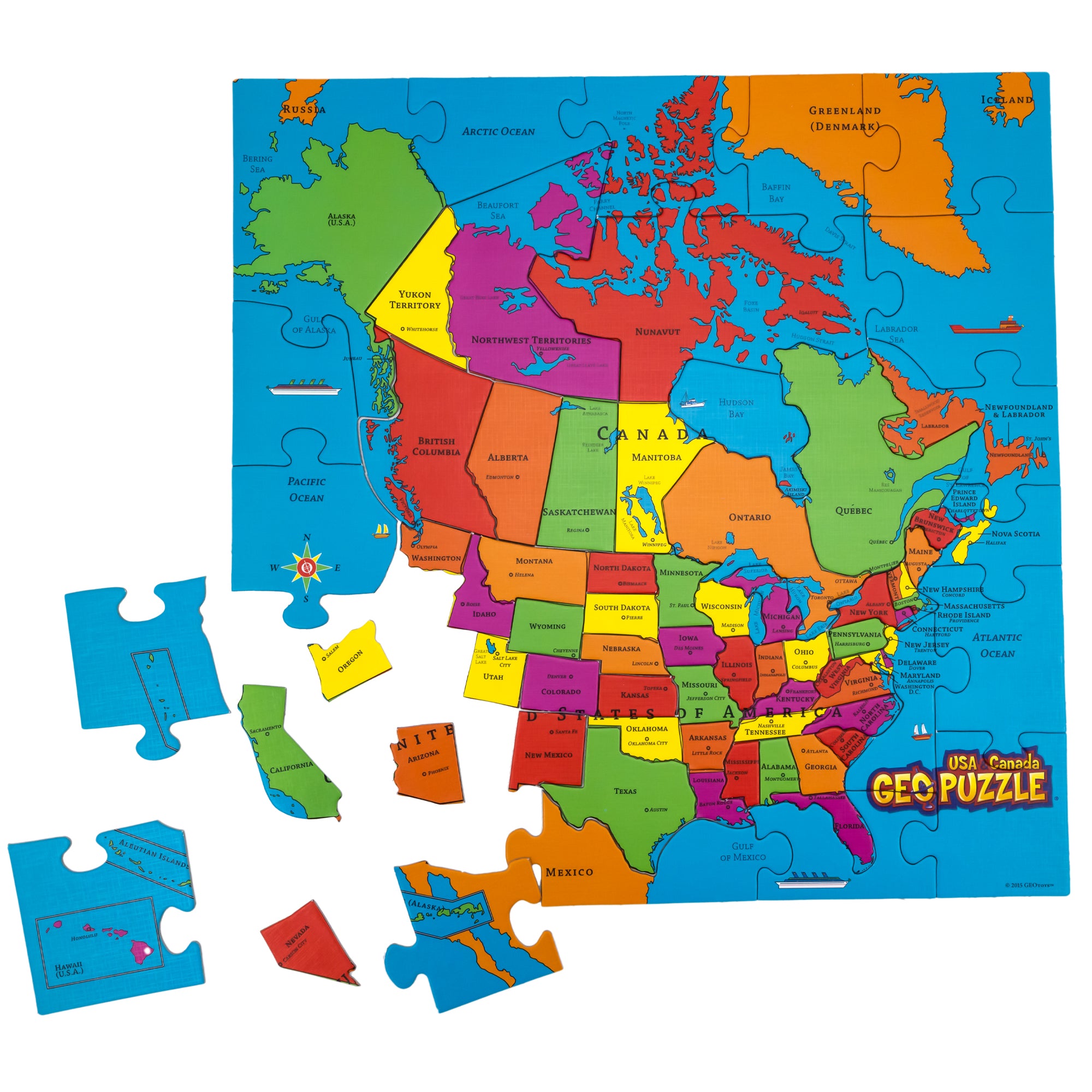 Geo Puzzle of U S A and Canada. The puzzle is mostly put together with 7 pieces in the bottom-left corner spread out. The ocean is blue and each country is its own piece. Each country is a different color. The colors are red, orange, yellow, green, and pink. 