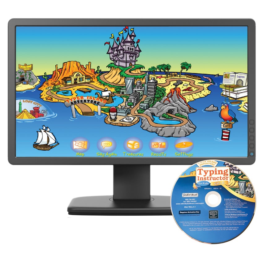 Typing Instructor for Kids CD-Rom disc stands in the lower right corner. Behind the disc is a computer monitor with a screenshot of an island that looks like a theme park. On the left is a wild west theme. The middle-back is a castle on a hill. The middle-front shows a city with a rocket. To the right is a volcano and palm trees with a treasure chest behind it. There is a parrot on top of a floating exit sign to the right of the island. There are 5 menu buttons on the bottom of the screen.
